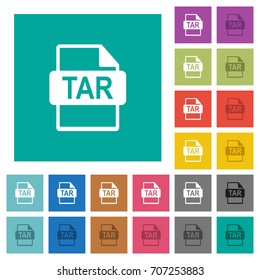 TAR file format multi colored flat icons on plain square backgrounds. Included white and darker icon variations for hover or active effects.