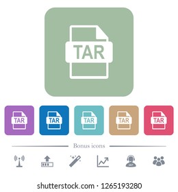 TAR file format white flat icons on color rounded square backgrounds. 6 bonus icons included