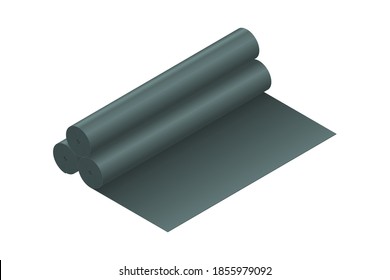 Tar Paper Icon In Flat Style. Rolls Of Black Roof Coating Or Bitumen Isometric Vector Icon. Vector Illustration Rubber Roofing Membrane, EPDM Or Roofing Felt  Isolated On White Background. 3D. 