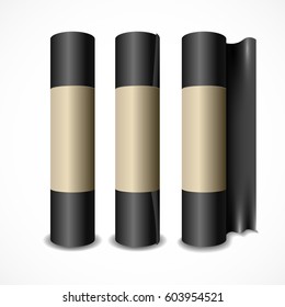 Tar paper. Rolls of black roof coating or bitumen. Asphalt waterproof roofing felt. Vector illustration.