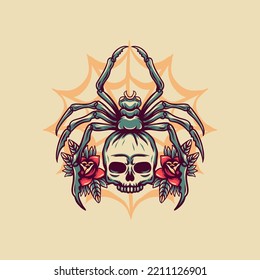 Tarantula Skull Halloween Retro Illustration