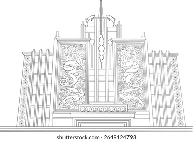 Taraporewala Aquário Mumbai Fachada Linha Art. Icônica indiana Art Deco Arquitetura com tema marinho, perfeito para colorir.