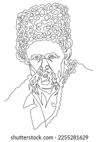 Taras Shevchenko ukrainian writer, artist and poet in a fur hat and coat.  Continuous one line minimalistic art technique