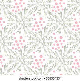 Taraxacum floral seamless pattern vector. Background with grey flowers and pink polka dots 