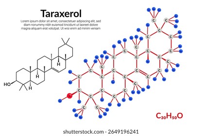 Taraxerol, pentacyclic triterpenoid, molecular structure formula, ball-and-stick model, suitable for education or chemistry science content. Vector illustration