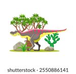 Tarbosaurus cartoon prehistoric dinosaur character in forest landscape, natural habitat with tropical tree, rocks and cactus. Isolated vector ancient carnivore reptile animal of Late cretaceous era