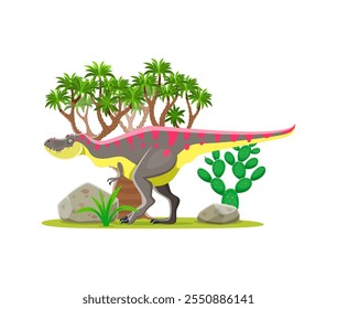 Tarbosaurus cartoon prehistoric dinosaur character in forest landscape, natural habitat with tropical tree, rocks and cactus. Isolated vector ancient carnivore reptile animal of Late cretaceous era