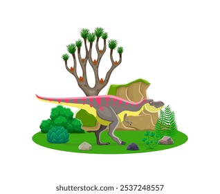 Tarbosaurus prehistoric dinosaur character in a lush forest landscape, natural habitat with a tree, rock and shrubs. Isolated cartoon vector ancient carnivore reptile animal of Late cretaceous era