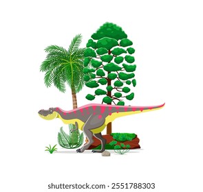 Tarbosaurus prehistoric dinosaur character in a lush forest landscape, natural habitat with trees, log and shrubs. Isolated cartoon vector ancient carnivore reptile animal of Late cretaceous era