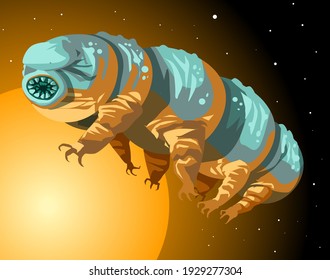 tardigrade flying on space near a sun