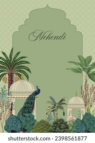 Tarditional Mughal Invitation card design, watercolor background, Peacock, bird.