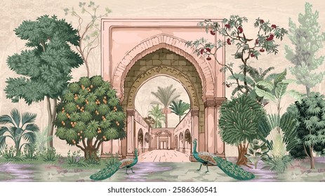 Tarditional Mughal Wall Mural Illustration, Mughal Wedding Background, Peacock, Mughal Arch.