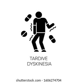 Tardive dyskinesia glyph icon. Tremor from medication. Movement problem from neuroleptics. Chorea, athetosis. Mental disorder. Silhouette symbol. Negative space. Vector isolated illustration
