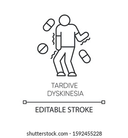 Tardive dyskinesia linear icon. Tremor from medication. Movement problem. Chorea, athetosis. Mental disorder. Thin line illustration. Contour symbol. Vector isolated outline drawing. Editable stroke