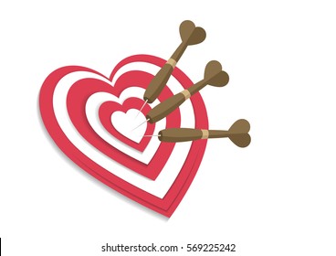 Target with 3 arrows. Dart arrow hitting center target on white background, heart