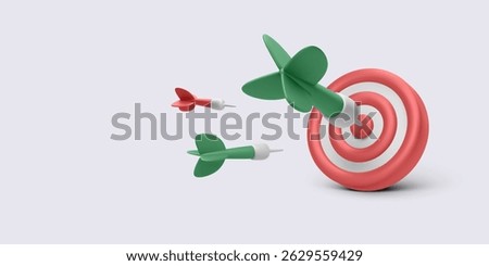 Target, Accuracy, Dart, Hit, Goal, and Success Concepts in a 3D Rendered Scene. Red Bullseye with Arrows Represents Precision and Business Objective. Vector Illustration.