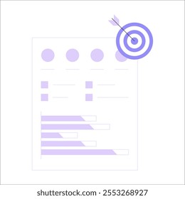 Objetivo Logrado En El Informe De Negocio En Ilustración vectorial Plana Que Simboliza Objetivos, Seguimiento Del Rendimiento Y Éxito, Aislado Sobre Fondo Blanco.