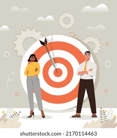 Target achievement concept. Goal setting, leadership and motivation. Team working on development of company, partners are looking for ways to increase income. Cartoon flat vector illustration