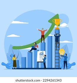 target achievement concept, people running to their goal in column, Business Team Success with Trophy. motivation move up, path to achieve target, vector flat illustration.