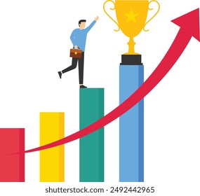 target achievement concept, people running to their goal in column, Business Team Success with Trophy. motivation move up, path to achieve target, vector flat illustration.