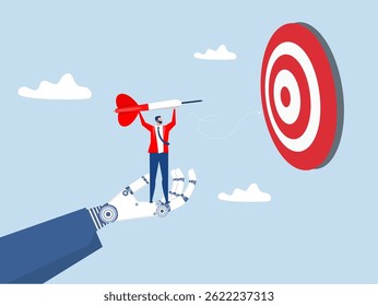 Conquista alvo, apoio robô Mão Gigante com líder empresário segurando dardo de pé de seta crescente gráfico e foco para alvo bullseye para ganhar no vetor de estratégia de negócios