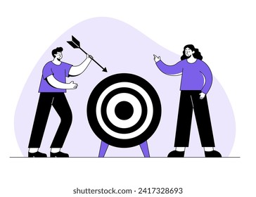 Target achieving concept flat vector illustration, Goal achievement, Hit the target, Employees engage in company goals, Teamwork, People working together