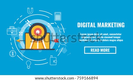 Target advertising banner vector, digital marketing, business goal concept, laptop target world map flat 3d illustration on blue background
