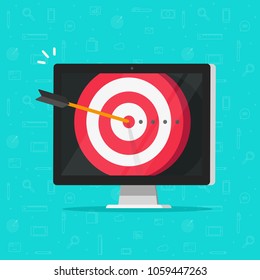 Target aim with arrow in bullseye on computer display vector, concept of success business goal, digital marketing promotion, good online campaign or strategy, internet audience targeting, mission