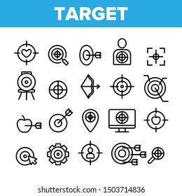 Target Aim Collection Elements Vector Icons Set Thin Line. Different Game Military Shape Target, Dartboard With Arrow And Archery Concept Linear Pictograms. Monochrome Contour Illustrations