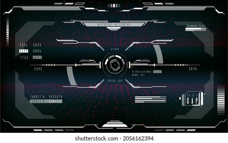 Ziel-Steuerung HUD futuristischen Display Bildschirm Bildschirm-Schnittstelle. Künftige Raumschiff- oder Sci-Fi-Militärflugzeugpiloten, rechteckiges Dashboard, Vektorbildschirm und Benutzeroberfläche für das Spiel mit Zielkreisen und Zielkreisen