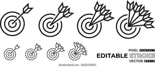 target or aim with different arrows hit the board design with editable stroke icon collection 