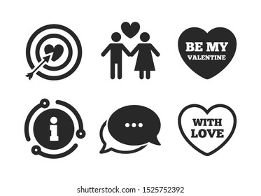 Target aim with heart and arrow symbol. Chat, info sign. Valentine day love icons. Couple lovers sign. Classic style speech bubble icon. Vector