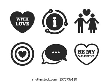 Target aim with heart symbol. Chat, info sign. Valentine day love icons. Couple lovers sign. Classic style speech bubble icon. Vector