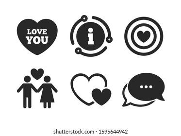 Target aim with heart symbol. Chat, info sign. Valentine day love icons. Couple lovers sign. Classic style speech bubble icon. Vector