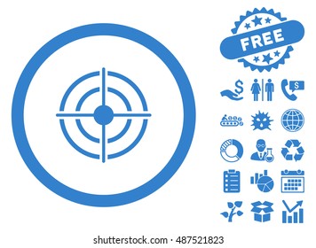 Target Aim icon with free bonus pictogram. Vector illustration style is flat iconic symbols, cobalt color, white background.