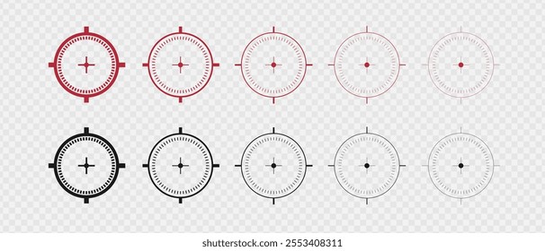 Target and aim icon. Aim gun big set. Red Crosshair. Shooting of firearms. Precisely target. Different size aim