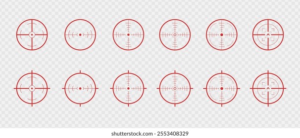 Target and aim icon. Aim gun big set. Red Crosshair. Shooting of firearms. Precisely target. Successfully target.	