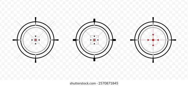 Target and aim icon. Aim gun. Red Crosshair. Shooting of firearms. Precisely target. Successfully target. 8x, 6x, 4x, 2x, scope	
