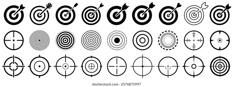 Target and aim icon set, archery target with arrow, crosshair, darts bullseye, precision, accuracy, goal symbol, focus icon for aiming, archery, shooting or navigation sign