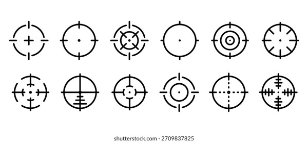 Zielzielsymbolsatz. Scharfschützenziel. Cursorfokus auf das Ziel. Ziel- und Zielsymbolsatz, Fadenkreuz, Präzision, Genauigkeit und Fokussymbole für Zielrichtung, Bogenschießen, Schießen oder Navigationsvektorsymbole.