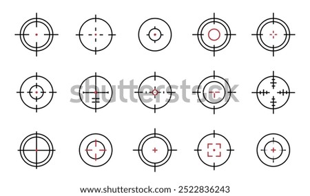 Target aim icon set. Targets and destination. Crosshair or sight icons. Sniper aim and scope. Focus sign in circle. Aim Bullseye. Vector illustration.