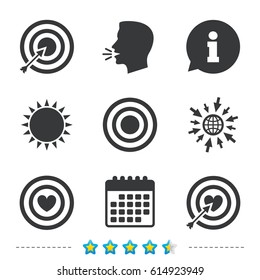 Target aim icons. Darts board with heart and arrow signs symbols. Information, go to web and calendar icons. Sun and loud speak symbol. Vector