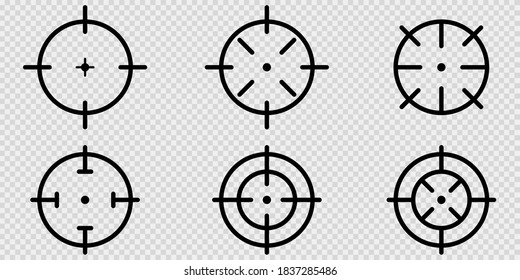 Zielsymbole auf transparentem Hintergrund. Einziger Scharfschützenfokus auf Schwarz. Waffenbullseye im Überblick. Jagdsymbol im Kreis. Starte das Zielzeichen. Erfolgszielsammlung. Vektorgrafik. EPS10