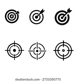Target aim icons set, accuracy and goal achievement symbols, black vector illustration.