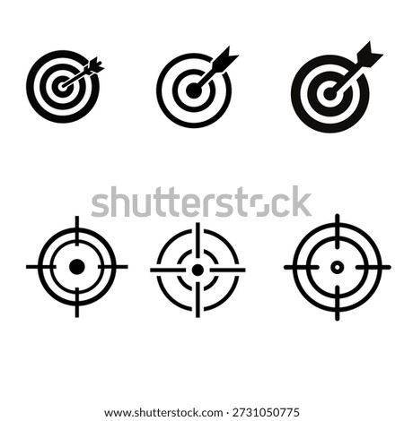Target aim icons set, accuracy and goal achievement symbols, black vector illustration.