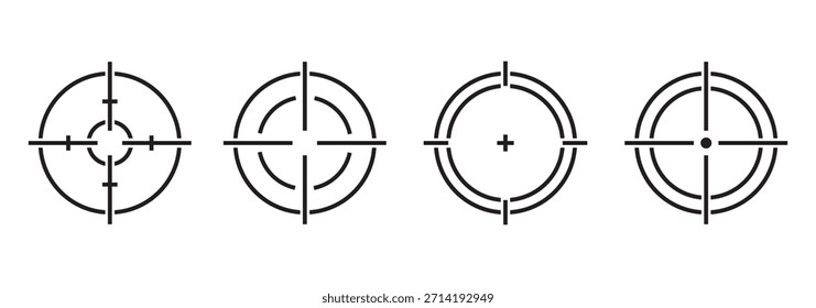 Zielsymbole festgelegt. Sniper Ziel schießen Symbol Sammlung. Schwarzes Ziel-Icon. Satz schwarzer Sichtsymbole. Fadenkreuz, Vektorsymbole mit Waffensicht.