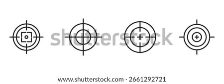 Target aim icons set. Sniper target aim shoot icon collection. Black aim icon set. Set of black sight icons. Crosshair, gun sight vector icons.  