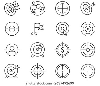Target aim icons set. Template target shooting range or pistol shooting. Vision, Social Responsibility, Commitment, Environmentalism icons. Success target outline icons collection. Vector illustration