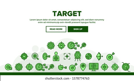 Target Aim Landing Web Page Header Banner Template Vector. Different Game Military Shape Target, Dartboard With Arrow And Archery Illustration
