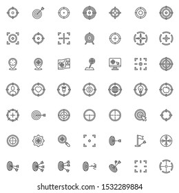Target aim line icons set. linear style symbols collection, outline signs pack. vector graphics. Set includes icons as crosshair, archery arrow, focus frame, location targeting, sniper, center hit